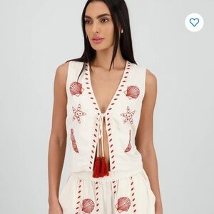 Versona seashell embroidered tassel vest linen XXL CREAM RED fall casual boho